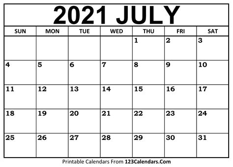 July 2021 Monthly Calendar Printable